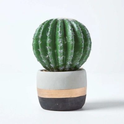 Golden Barrel Artificial Cactus in Contemporary Stone Pot